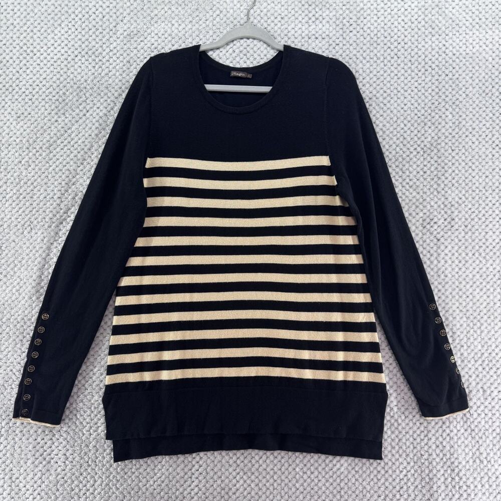 J McLaughlin Sweater Womens L Black Beige Striped Crew Neck Tunic Long Sleeve
